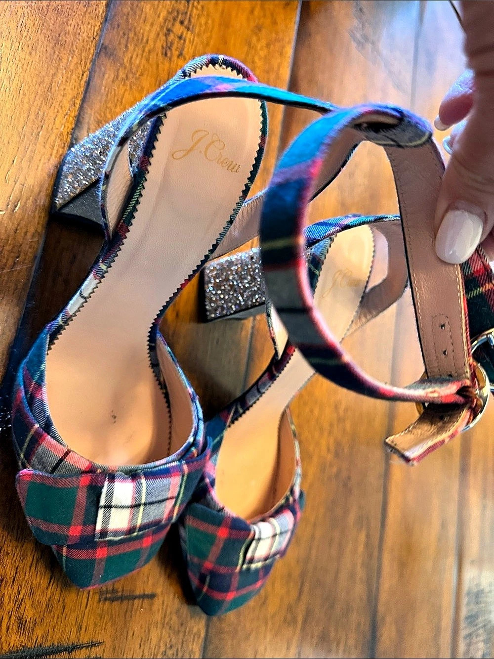 J.Crew Harlow Ankle-Strap Pumps in Festive Plaid with Glitter Heel Harlow Plaid